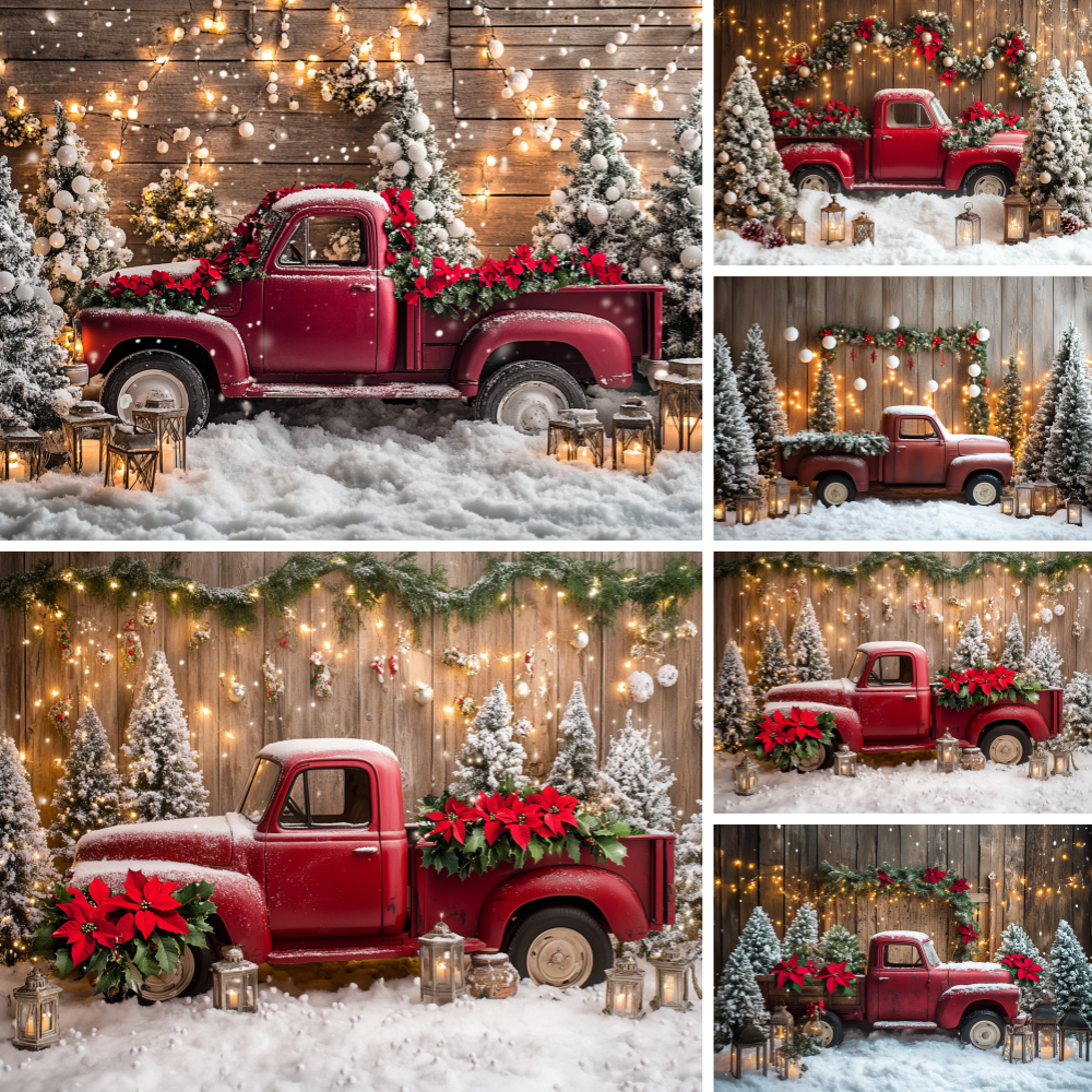Vintage Photography Lighting - Vintage Red Truck Christmas Photography Backdrop